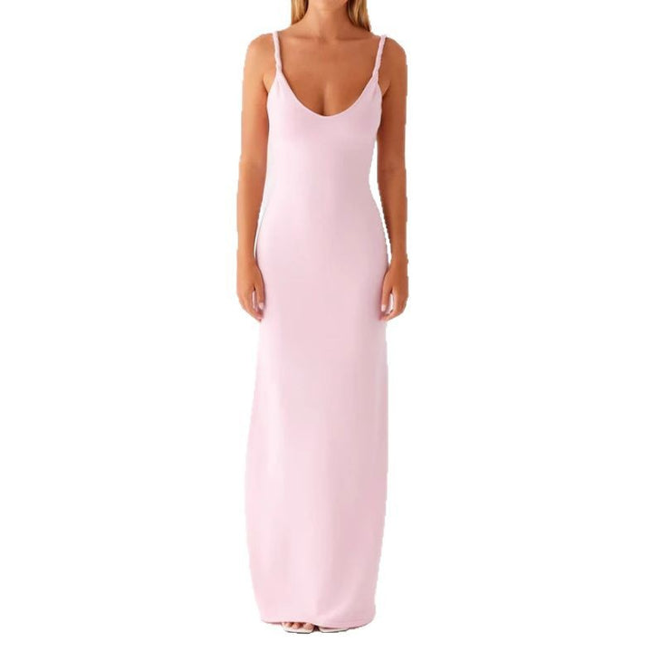 Damen Langarm-Maxikleid aus hochwertigem, elastischem Material mit tiefem V-Ausschnitt und eleganten Spaghetti-Trägern Drune