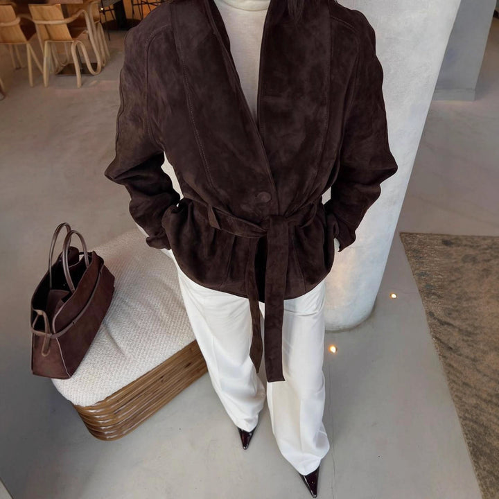 Damen elegante weiche Jacke im Stil eines Blazers mit Taillengürtel Drune