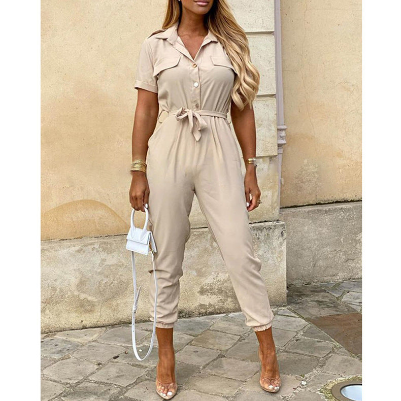 Damen eleganter Utility-Jumpsuit mit Knopfleiste und taillierbarem Bindegürtel Drune