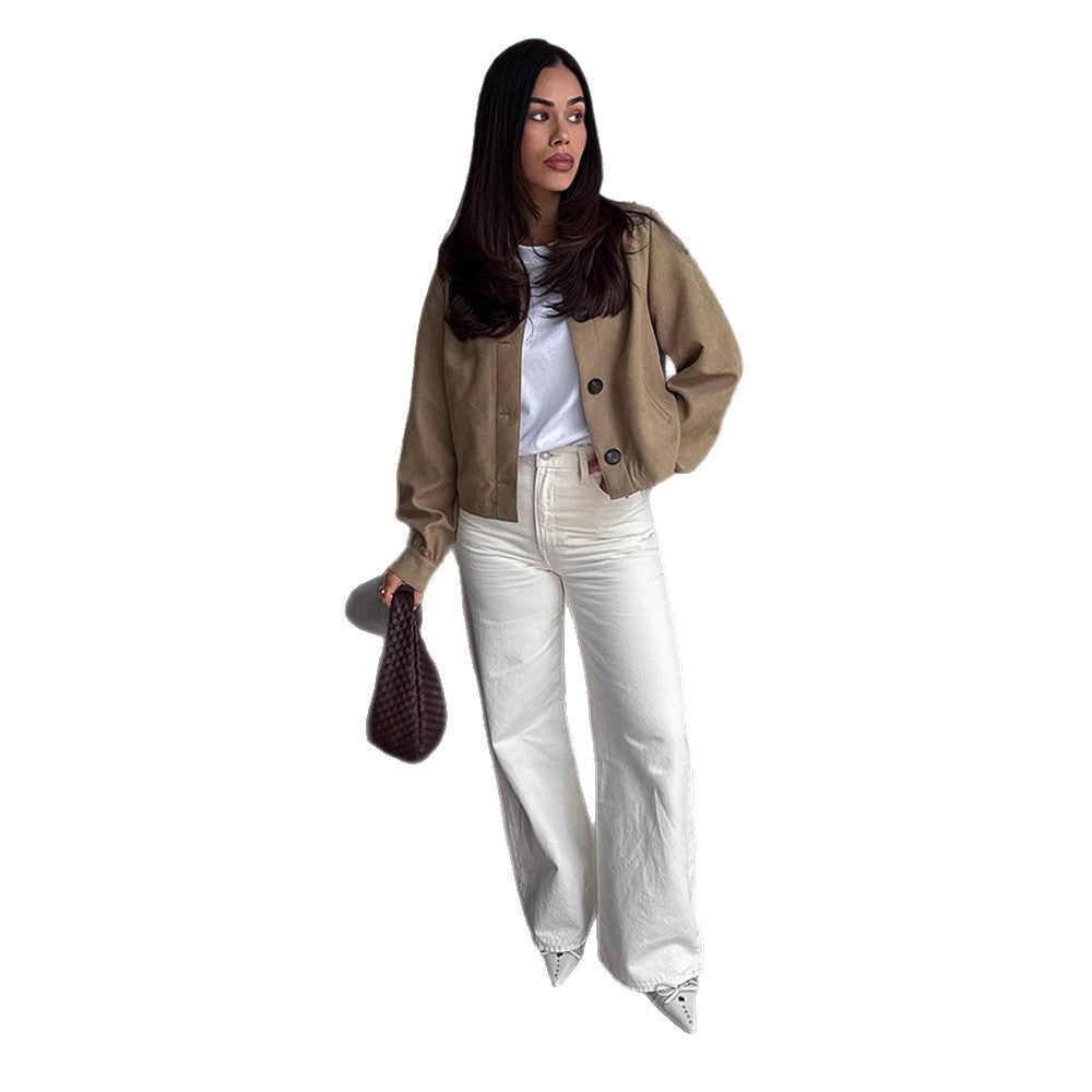 Damen lässige cropped Jacke mit geschmackvollen Knopfdetails Drune