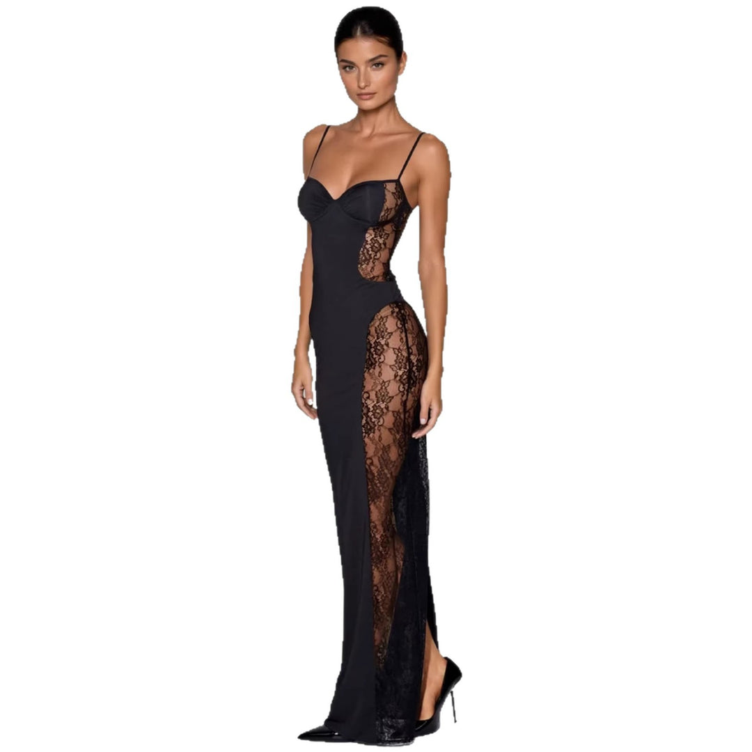 Damen Elegantes Spitzen-Maxikleid mit verführerischem Schnitt und transparenten Seiteneinsätzen Drune