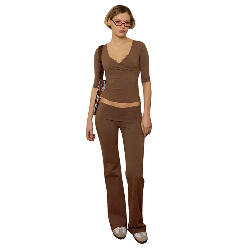 Damen lässiges Set aus elegantem Oberteil und fließenden Schlaghosen Drune