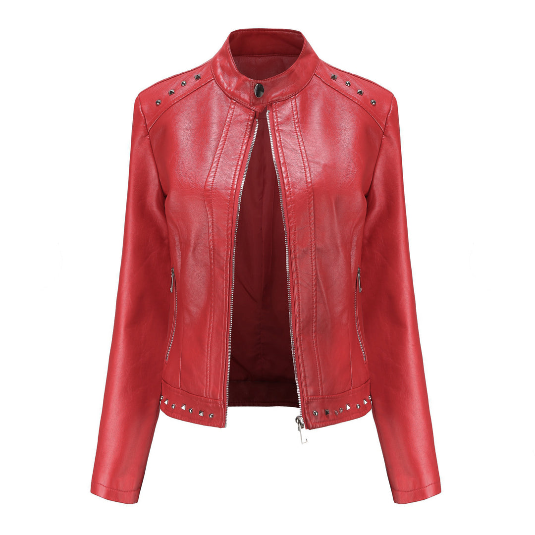 Damen nan kurze taillierte Kunstlederjacke mit Stehkragen Zwei-Wege-Reißverschluss und Ziernietensaum Drune