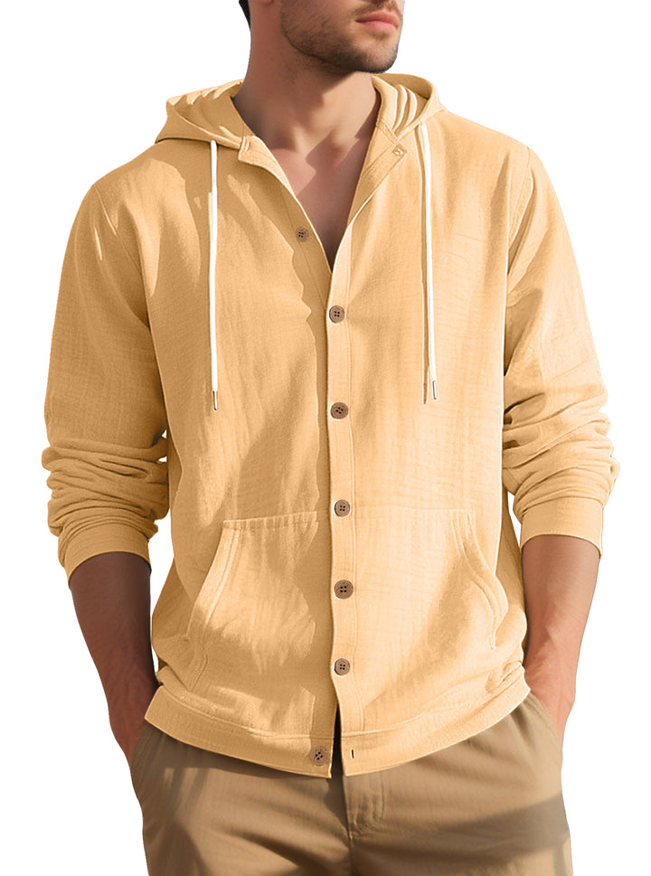 Herren nan leichtes Kapuzen-Übershirt im Crinkle-Look mit Holzknopfleiste und Kängurutasche Drune