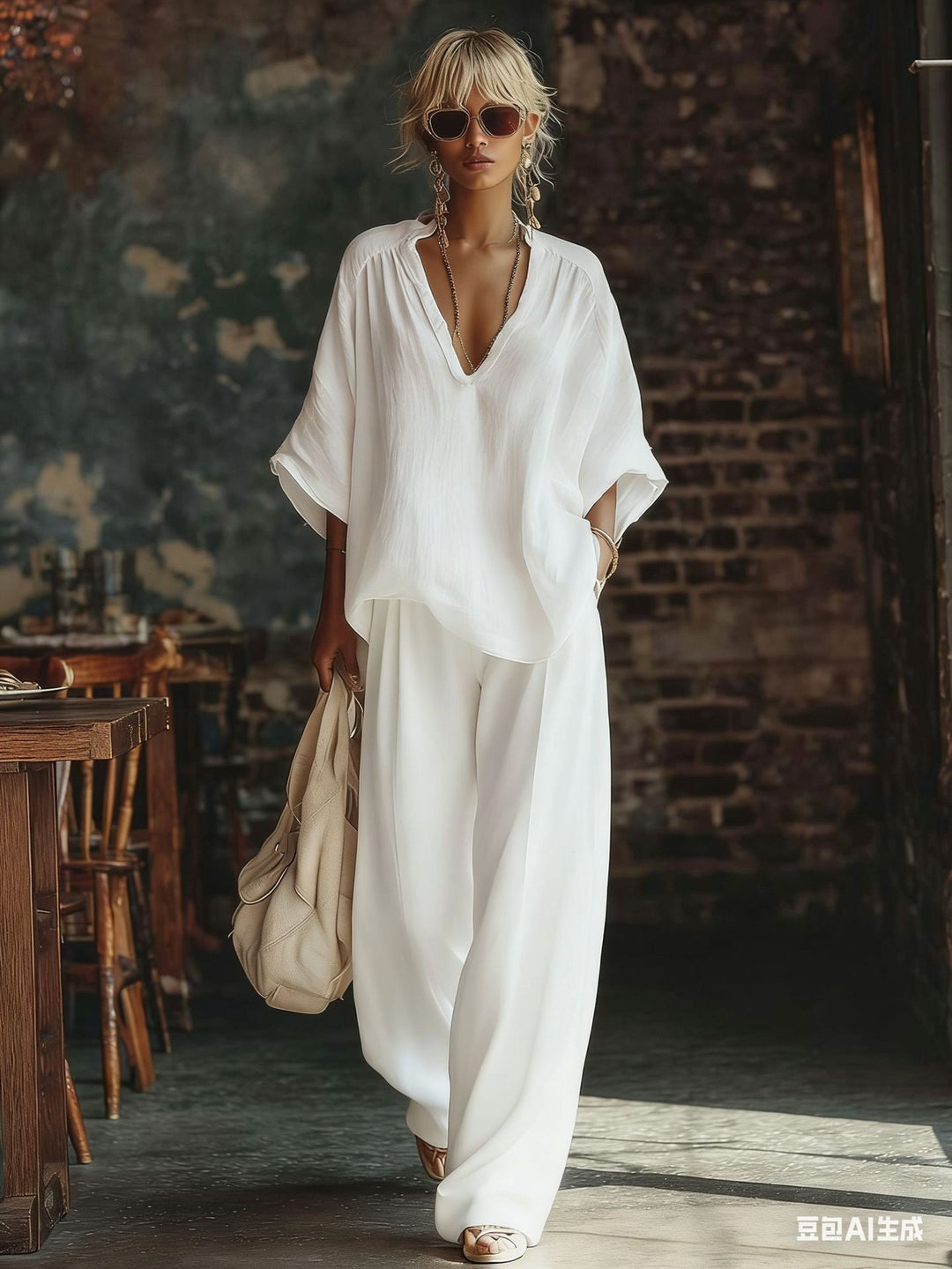 Damen nan lässiges zweiteiliges Leinenoptik-Set mit tiefem V-Ausschnitt, Oversize-Bluse und weitem Palazzo-Hosen Drune