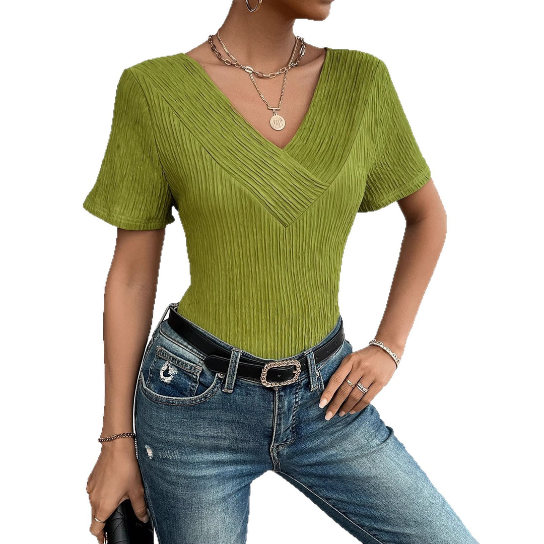 Damen lässiges V-Ausschnitt Shirt mit fließendem Design und kurzen Ärmeln Drune