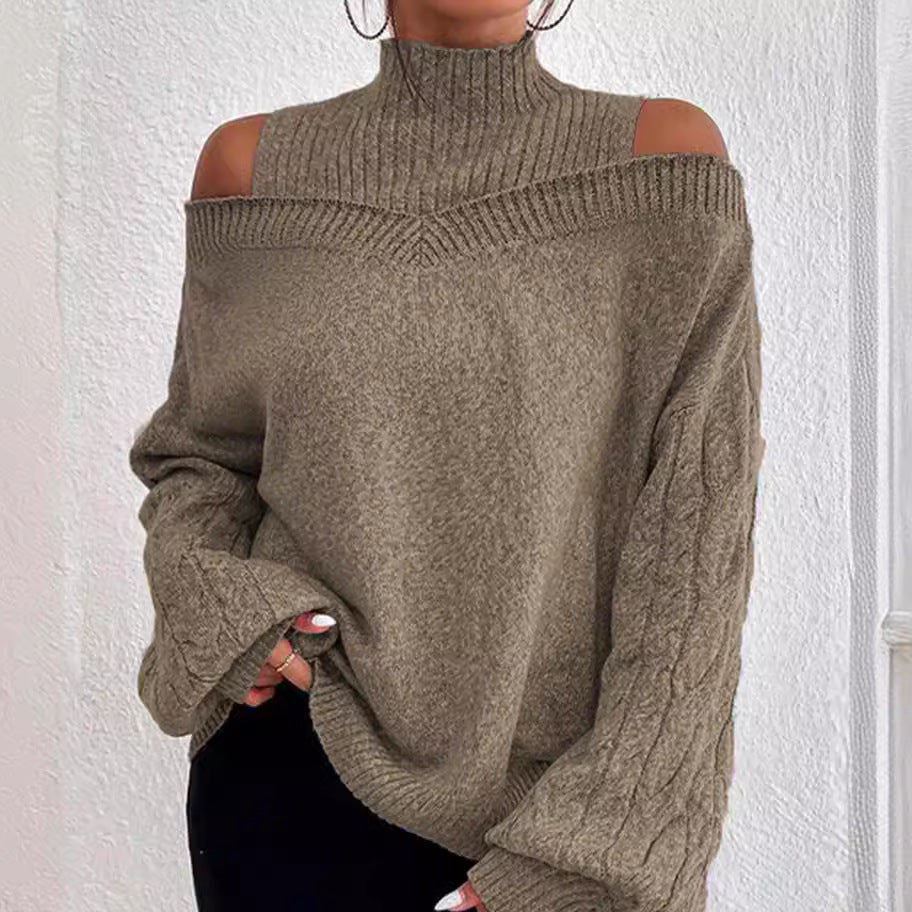Damen nan schulterfreier Strickpullover mit Stehkragen und Zopfmusterärmeln Drune