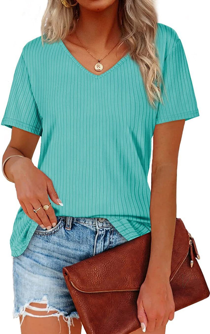 Damen Viskose T-Shirt mit feinem Rippstrickmuster und lässigem V-Ausschnitt Drune