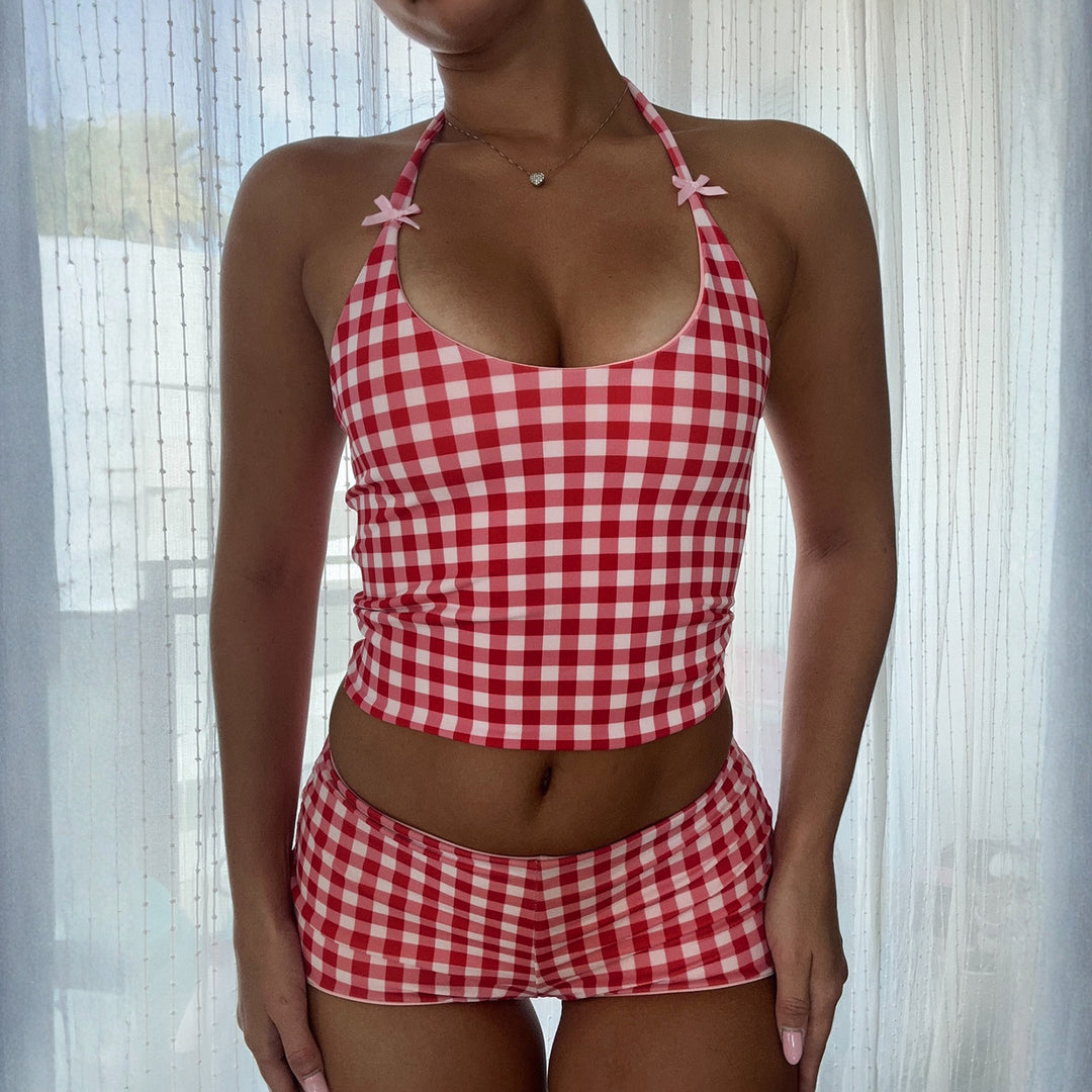 Damen Gingham Muster Badeanzug mit verstellbarem Halter Drune