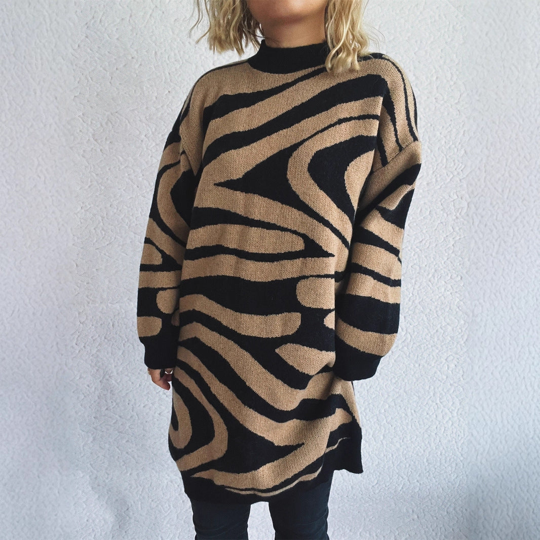 Damen Grobstrickpullover mit modernem Zebradesign und hohem Kragen Drune