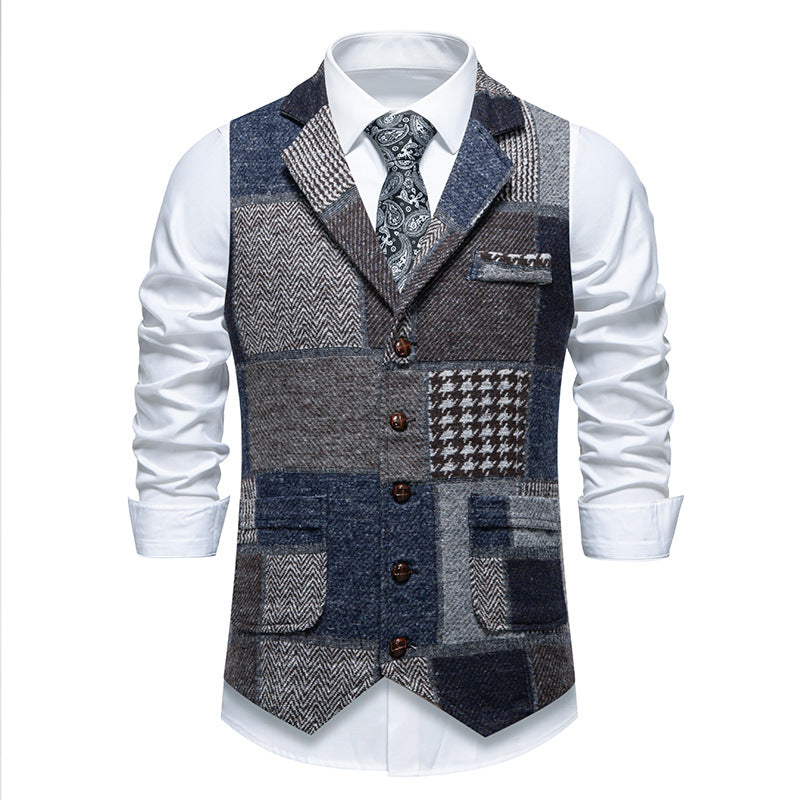 Herren nan Patchwork Weste mit Reverskragen Knopfleiste und aufgesetzten Taschen Drune