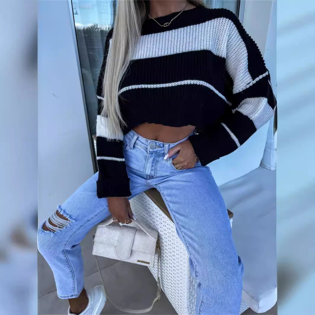 Damen Cropped Strickpullover mit modischen Streifen Drune