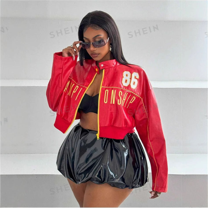 Damen cropped Kunstlederjacke mit sportiven Details Drune
