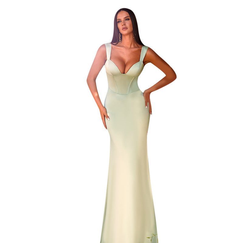 Damen figurbetontes Abendkleid mit schimmerndem Satin und tiefem V-Ausschnitt Drune