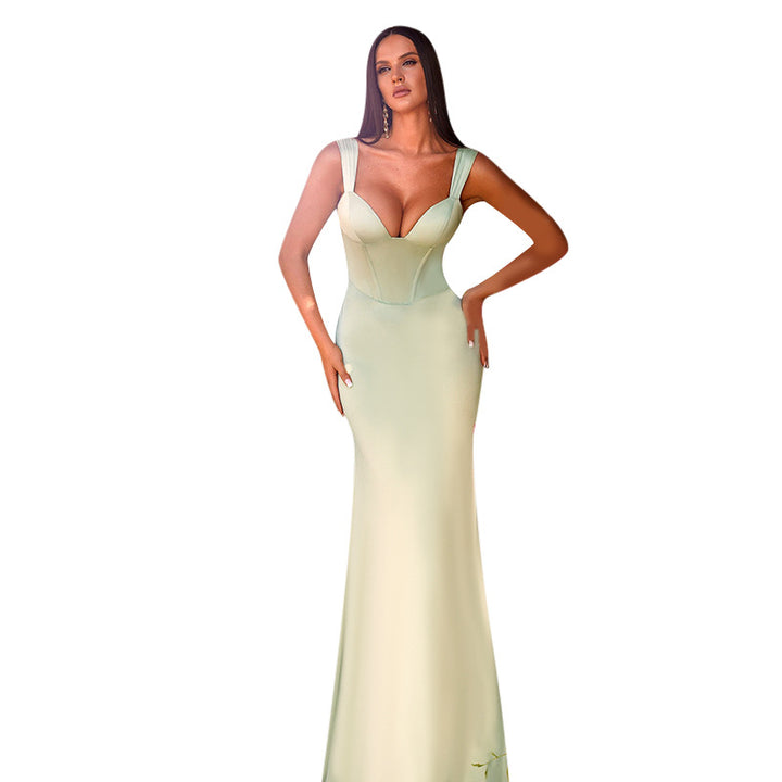 Damen figurbetontes Abendkleid mit schimmerndem Satin und tiefem V-Ausschnitt Drune
