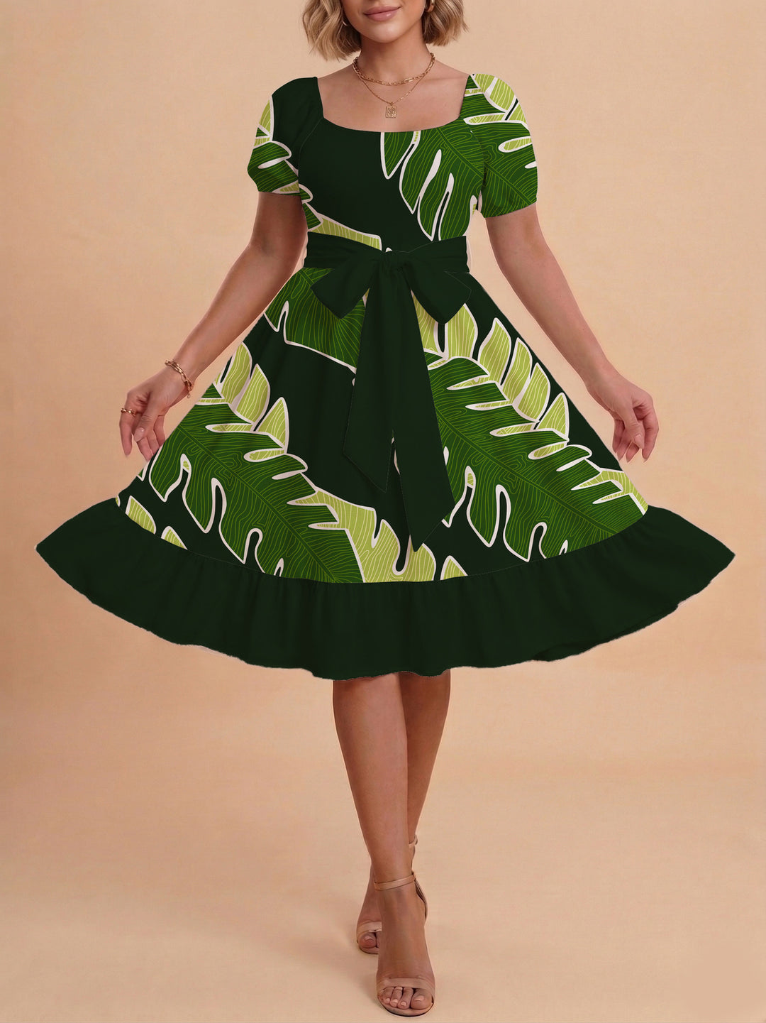 Damen A-Linien-Kleid mit floralen Motiven und taillierbarem Gürtel Drune