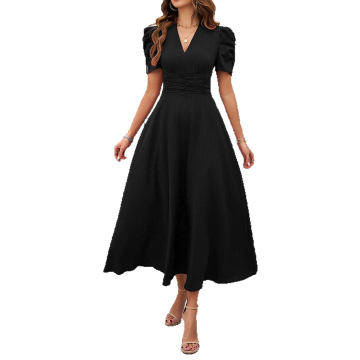 Damen Midi Kleid mit Puffärmeln und V-Ausschnitt Drune