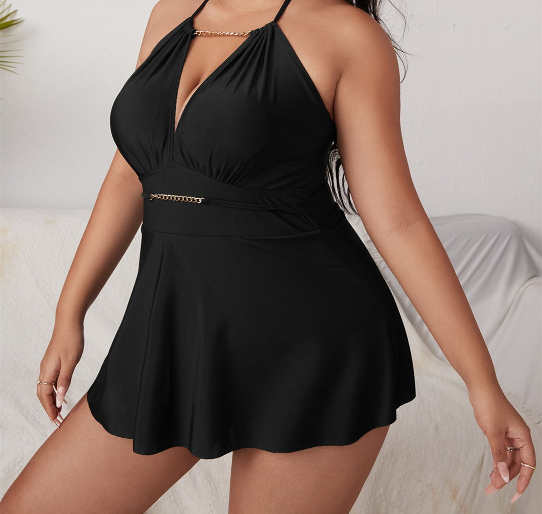 Damen Strandkleid mit tiefem V-Ausschnitt und dekorativem Ketten-Detail Drune