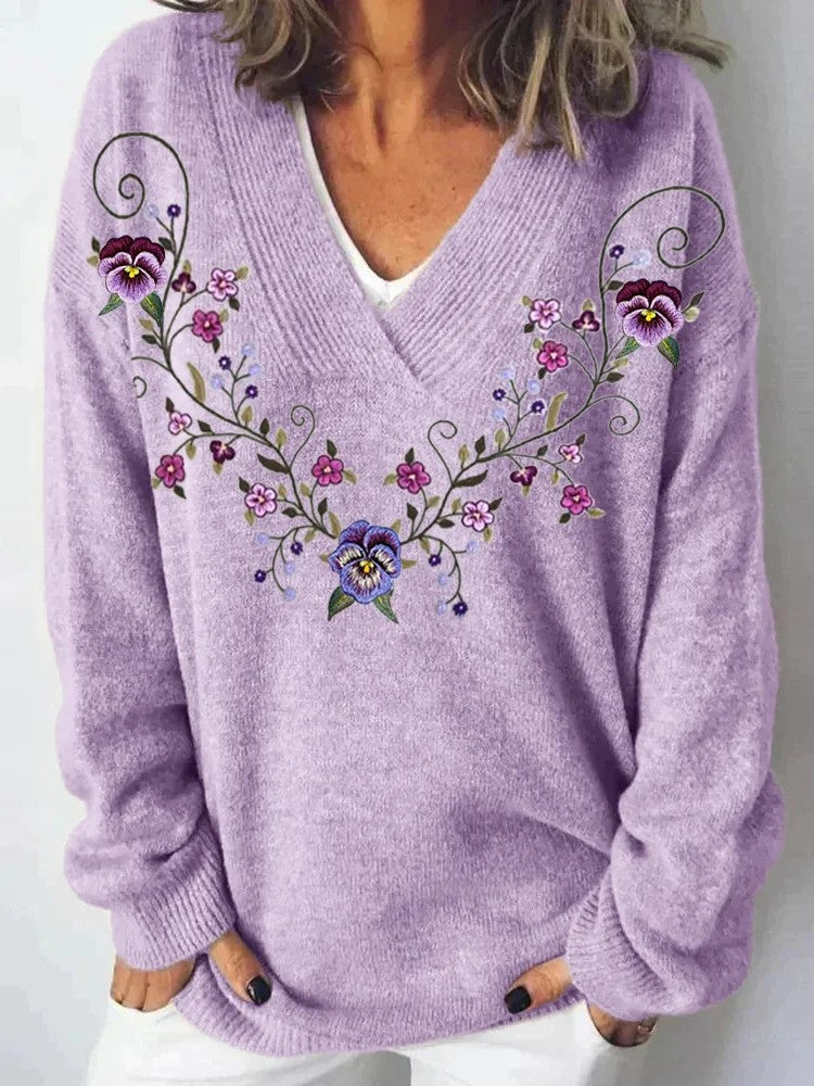 Damen V-Ausschnitt Pullover mit floralem Muster und lässigem Schnitt Drune