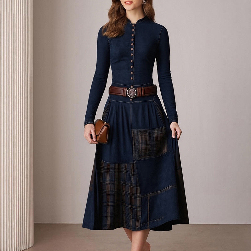 Damen Elegantes Midi-Kleid mit Knopfleiste und Kontrastdetails Drune