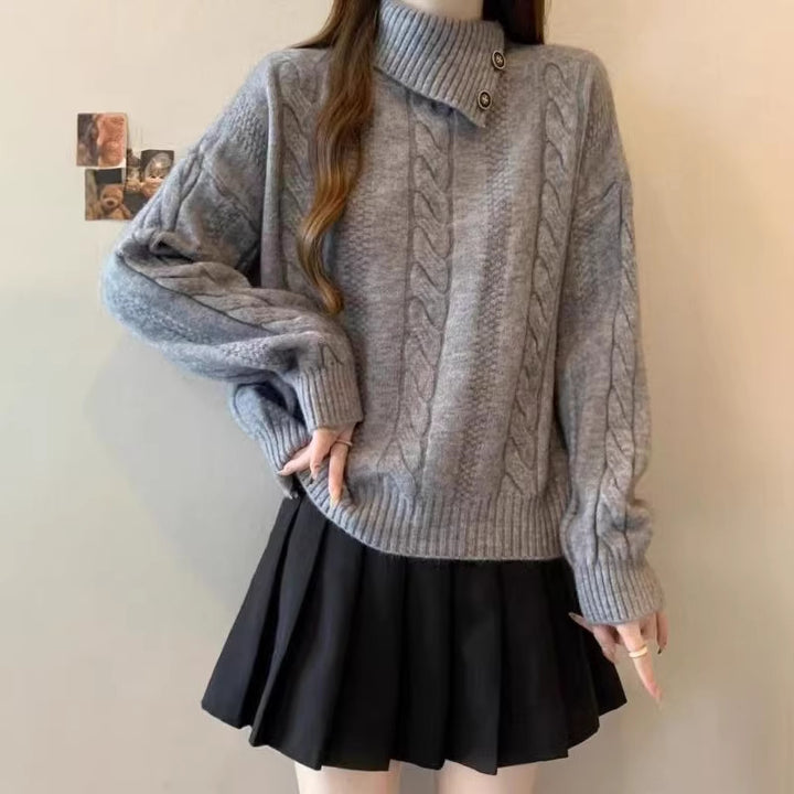 Damen Grobstrickpullover mit hochgeschlossenem Kragen und Knopfdetails Drune