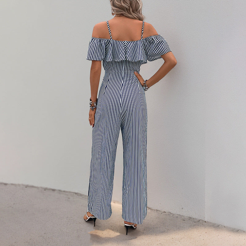 Damen eleganter Jumpsuit mit schulterfreiem Design und gestreiftem Muster Drune