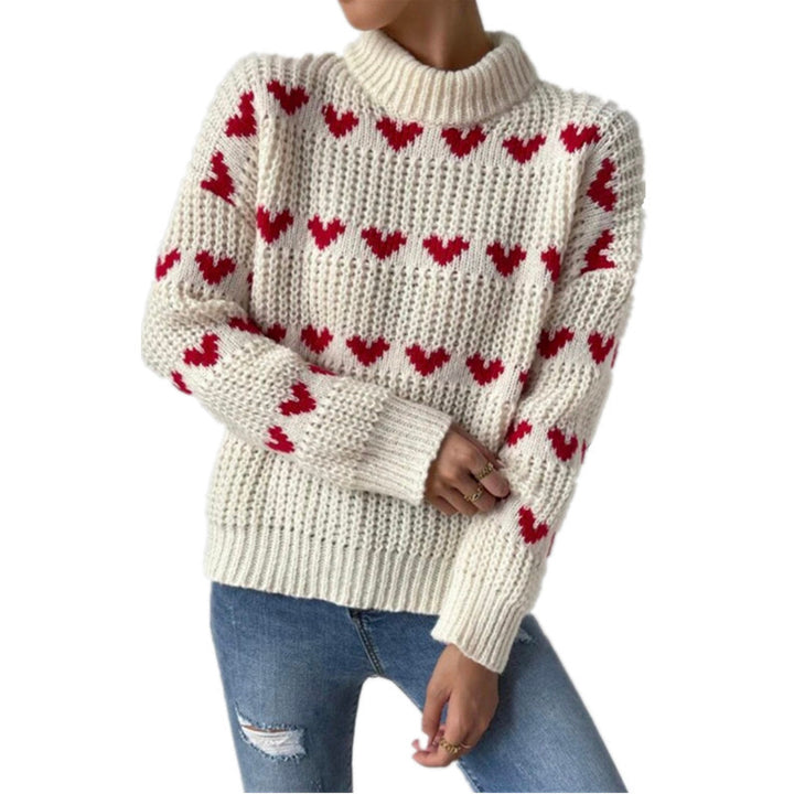 Damen Grobstrickpullover mit Herzmuster und Rollkragen Drune
