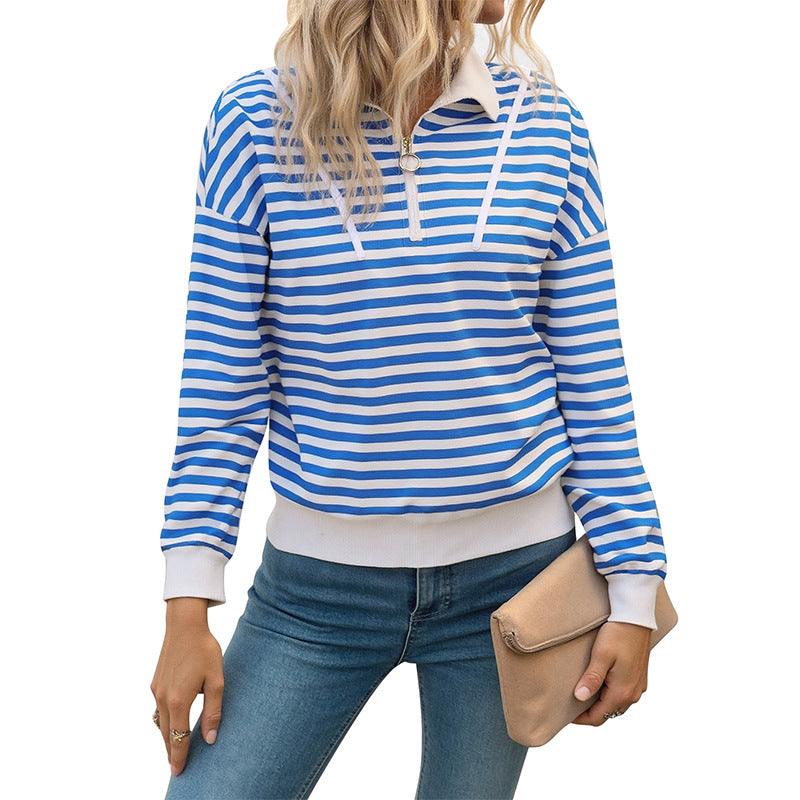 Damen gestreiftes Sweatshirt mit innovativer Kapuze und sportlichem Kragen Drune