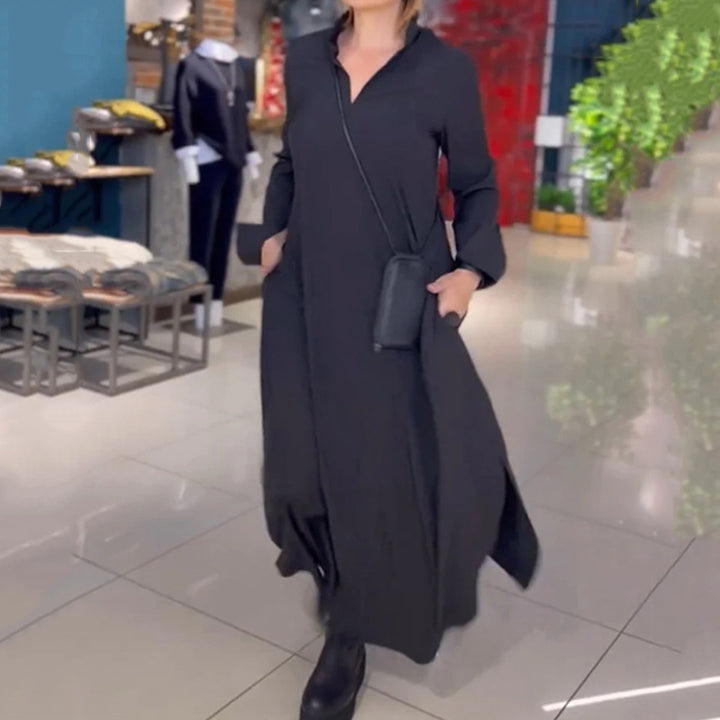 Damen Hemdblusenkleid mit Taschen und Stehkragen Drune