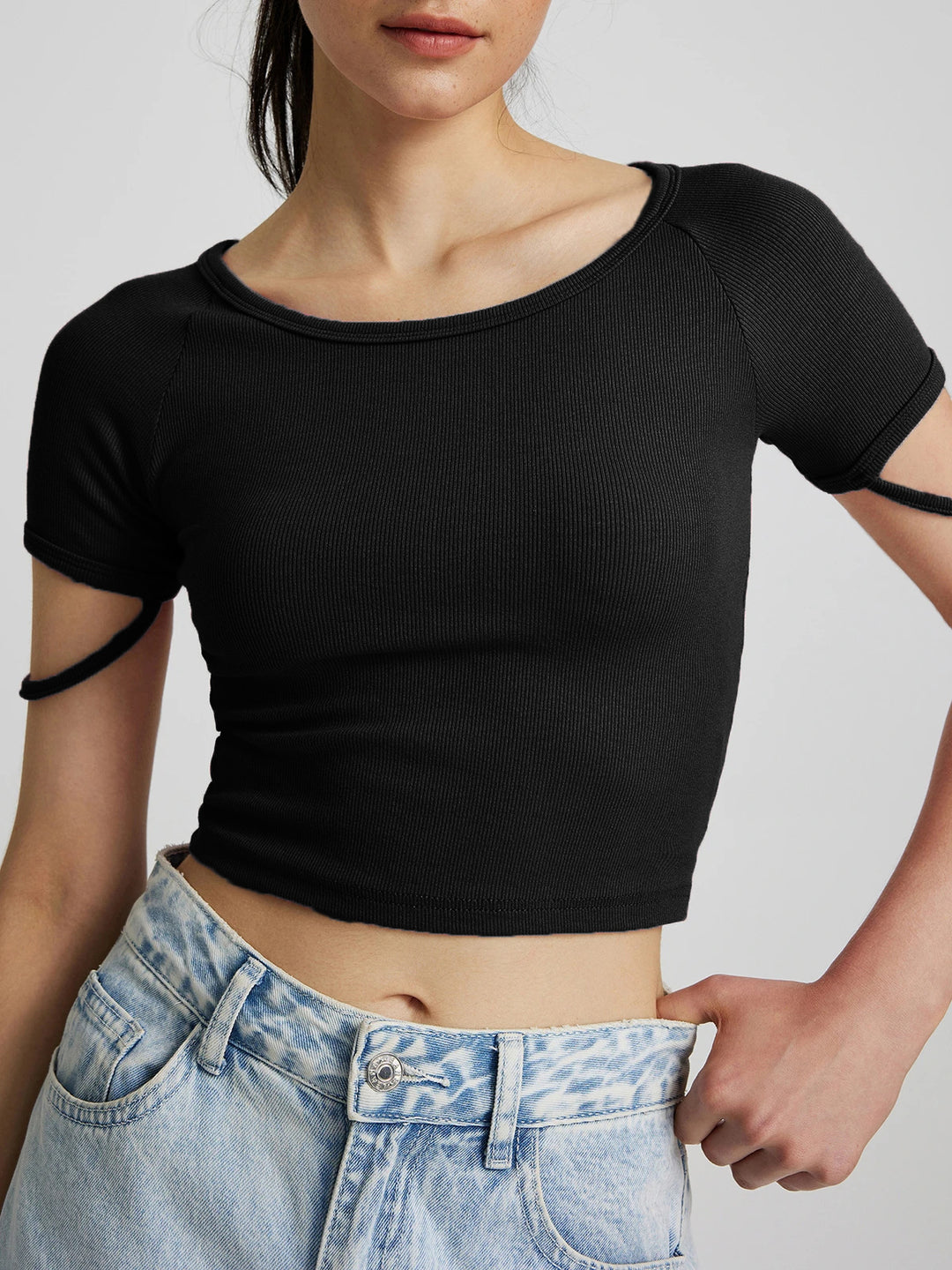Damen kurzärmliges enganliegendes Crop-Top mit Rundhalsausschnitt Drune