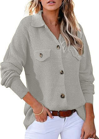 Damen modischer Waffle-Pullover mit Knöpfen Drune