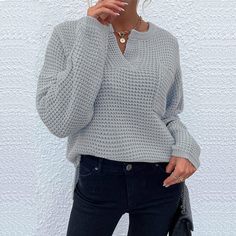Damen lässiger Strickpullover mit V-Ausschnitt und strukturierter Oberfläche Drune