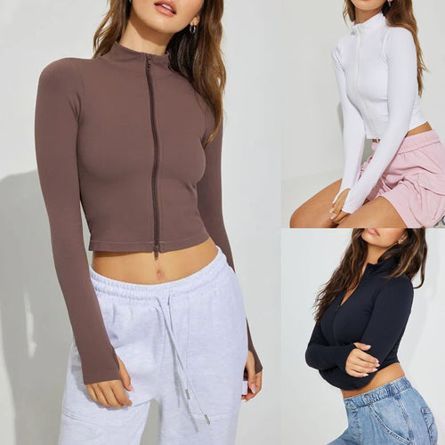 Damen Sportliches Cropped-Top mit langem Arm und Stehkragen Drune