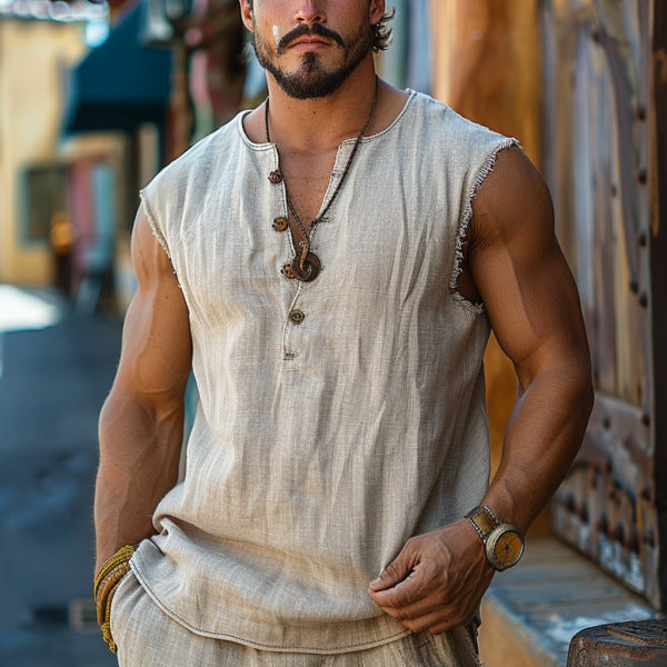 Herren lässiges Leinen Tanktop mit Knopfleiste und Fransen Drune