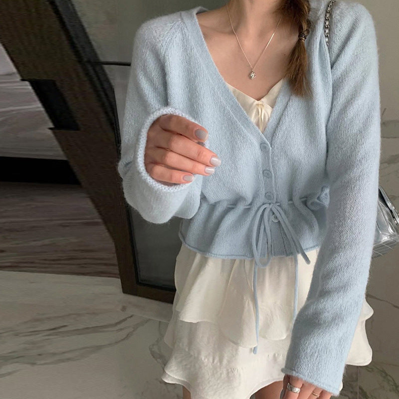 Damen Strickjacke mit taillierbarem Bindegürtel und luftigen Ärmeln Drune