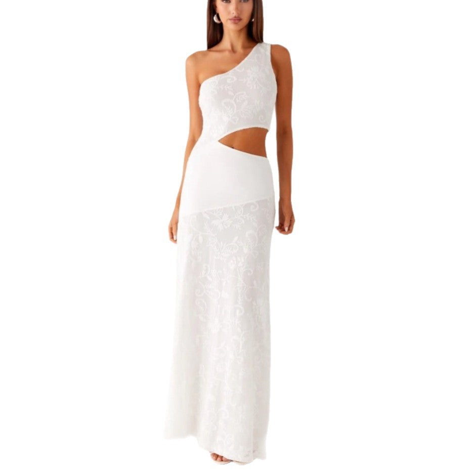 Damen Elegantes Maxikleid mit asymmetrischem Schnitt und floralem Spitzenbesatz Drune