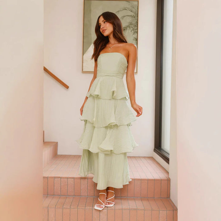 Damen Elegantes Wickelmaxikleid mit voluminösen Rüschendetails Drune
