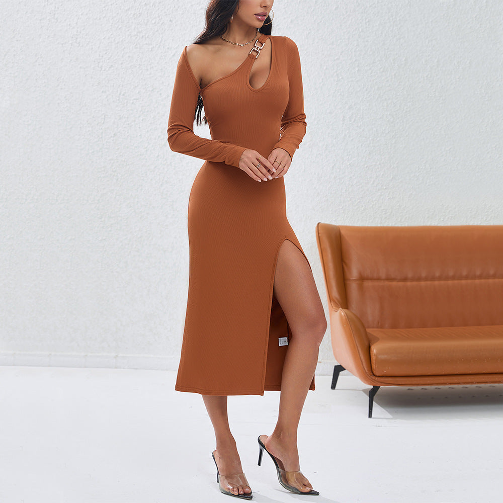 Damen figurbetontes Langarmkleid mit seitlichem Schlitz und asymmetrischem Ausschnitt Drune