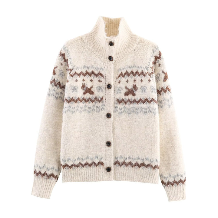 Damen Strickjacke mit Norwegermuster und hohem Kragen Drune
