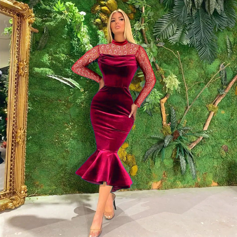 Damen Elegant Fit-and-Flare Kleid mit Spitzenärmeln Drune