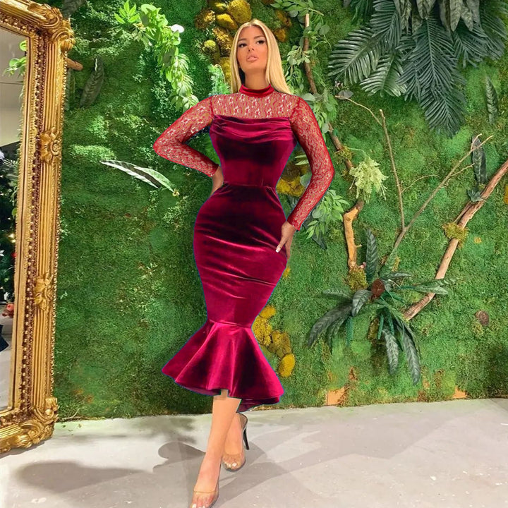 Damen Elegant Fit-and-Flare Kleid mit Spitzenärmeln Drune