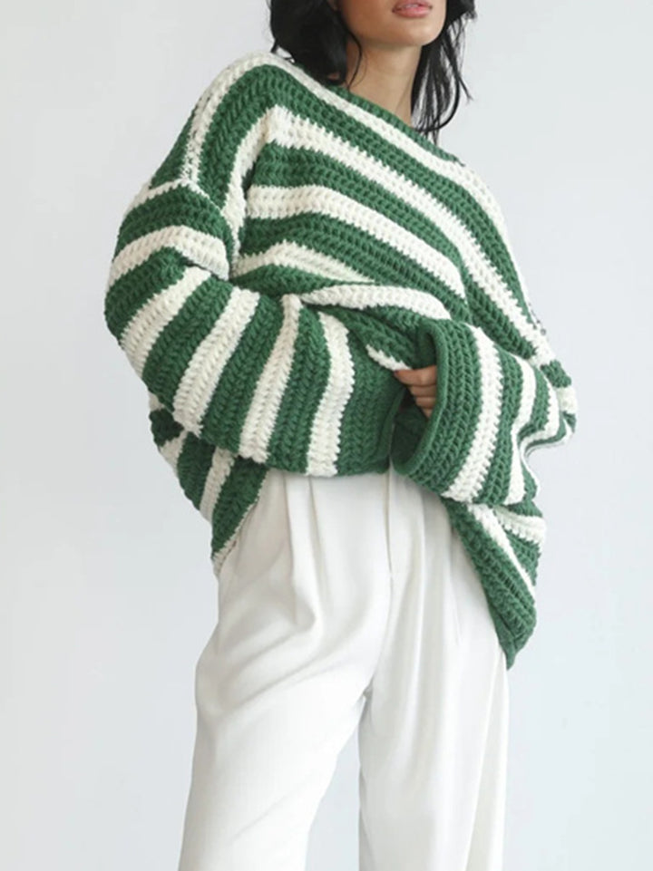 Damen lässiger Strickpullover mit kontrastierenden Streifen und weitem Schnitt Drune