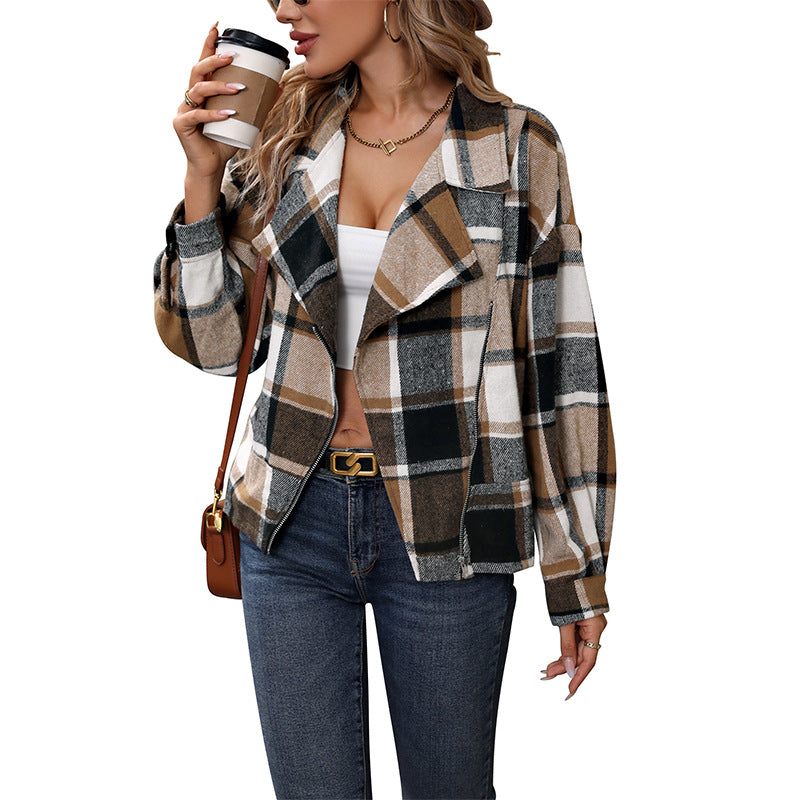Damen karierte Blazerjacke mit elegantem Stehkragen und modernem Schnitt Drune
