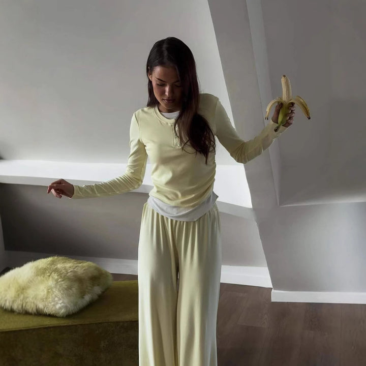 Damen Lässiges Zwei-teiliges Komplett-Outfit mit schickem Kragen und weiten Hosen Drune