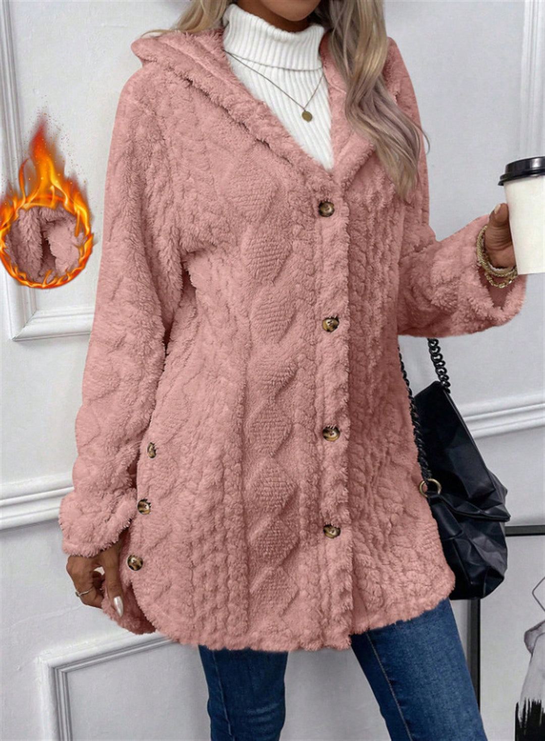 Damen kuschelige Knopfjacke mit hohem Kragen Drune