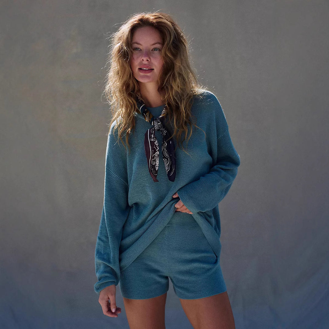 Damen lässiges Strickkleid mit tiefem Kragen und weiten Ärmeln Drune
