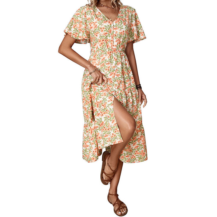 Damen Blumenkleid mit V-Ausschnitt und Knopfleiste Drune