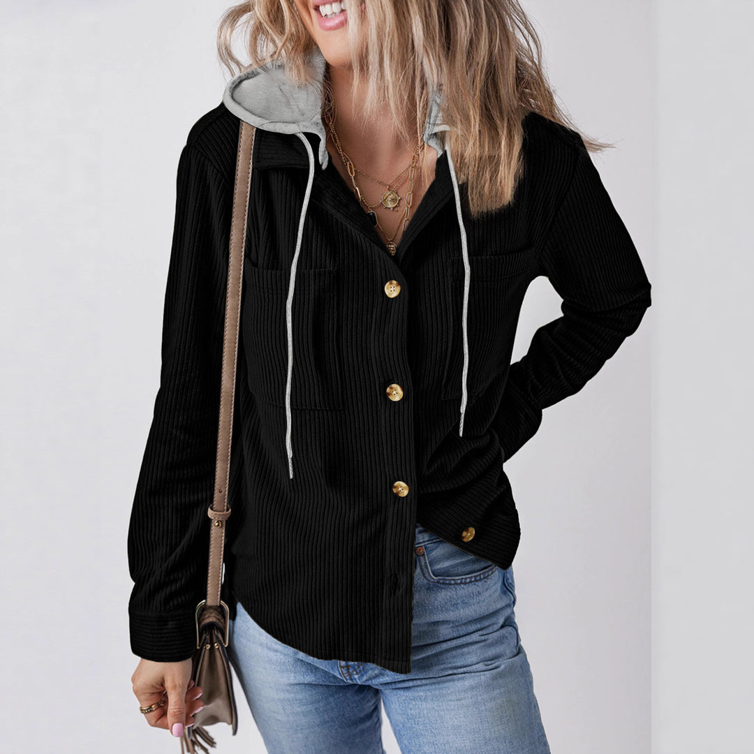 Damen gestreifte Hemdjacke mit Kapuze und praktischen Taschen Drune