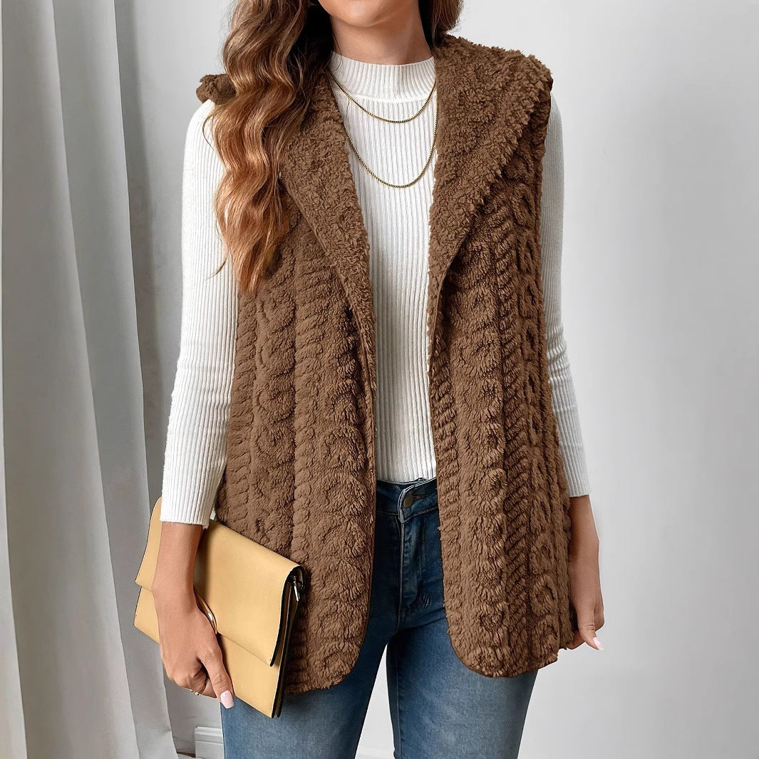 Damen Plüsch-Weste mit elegantem Strickmuster und seitlichen Taschen Drune