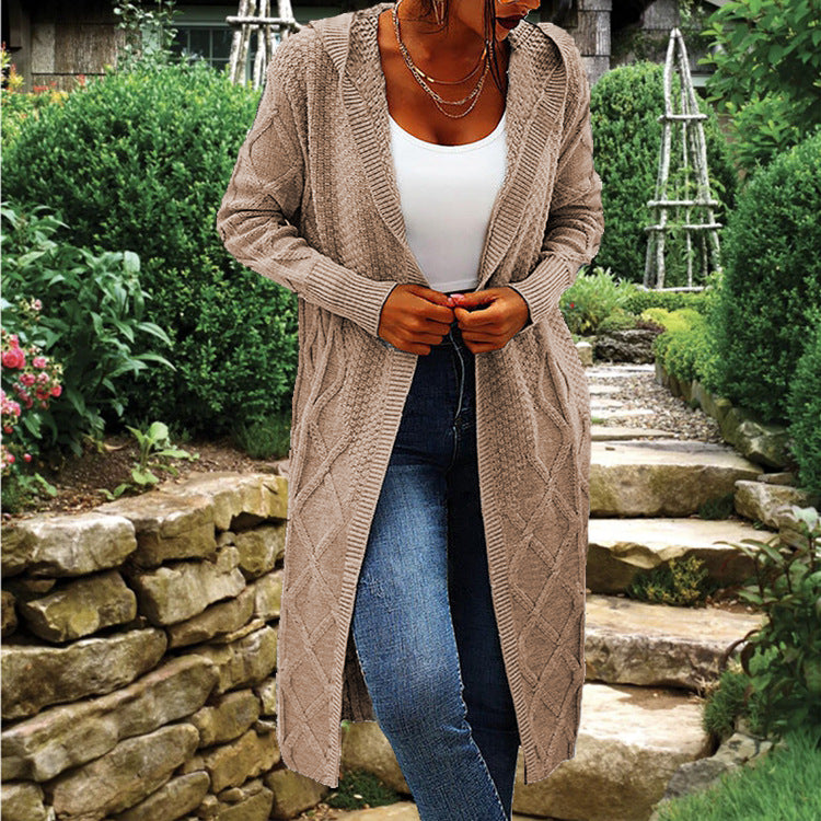 Damen langer Strickcardigan mit Hochkragen und Zopfmuster Drune